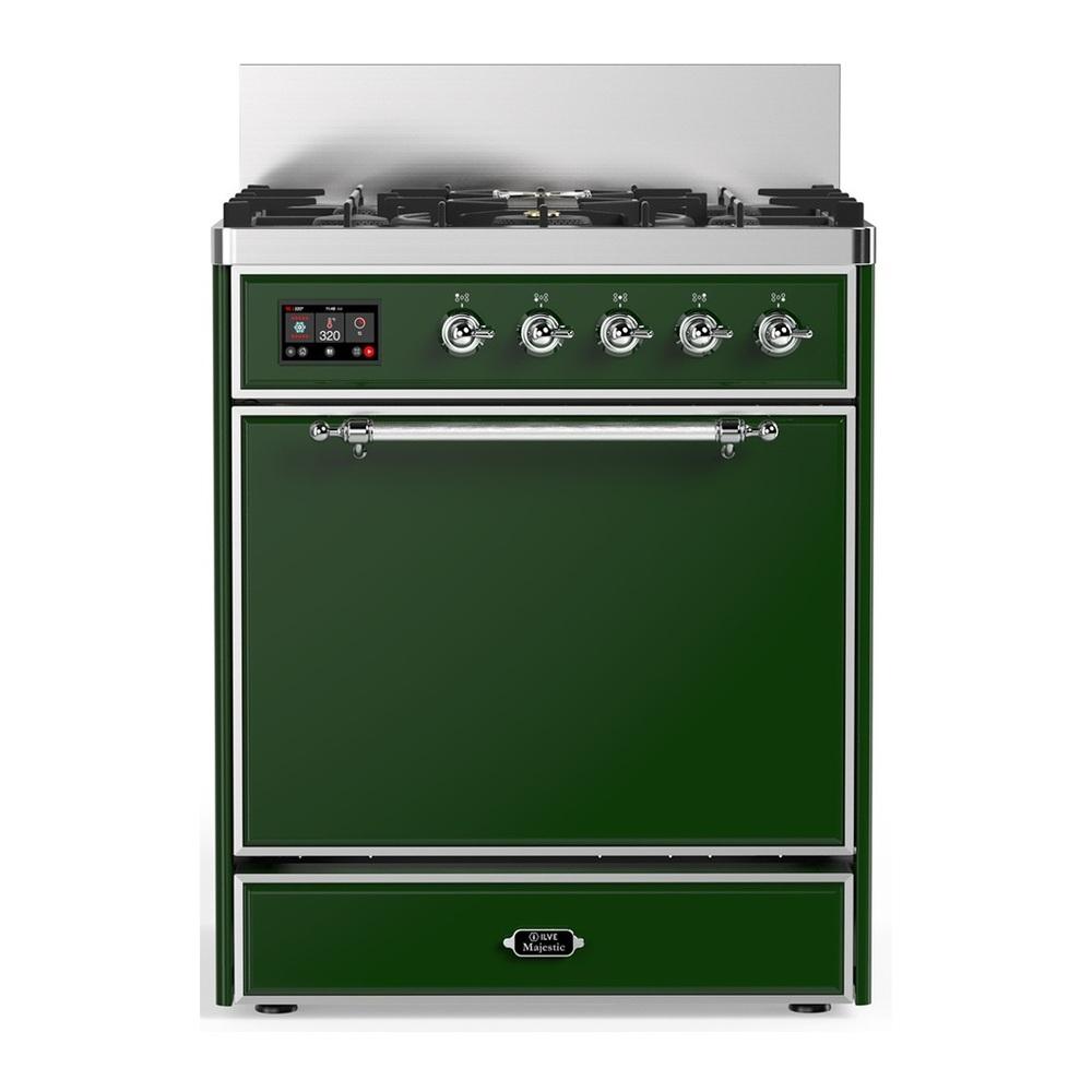 ILVE UM30QNR3EGC Majestic III 30 inch Dual Fuel Range with 5 Black Brass Burners, Dual Function Burner up to 25,000 BTU (Natural Gas, Solid Door, Emerald Green, Chrome)