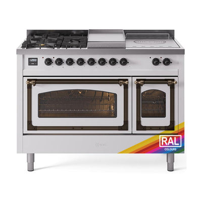 ILVE UN48FSNMPRAB Nostalgie II Noblesse 48 inch Dual Fuel Range (5 Sealed Burners + Griddle + French Top, Natural Gas, Triple Glass Door, RAL, Burnished)