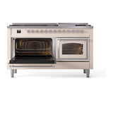 ILVE UN60FNMPAWCLP Nostalgie II Noblesse 60 inch Dual Fuel Range (9 Sealed Burners + Griddle, Liquid Propane, Triple Glass Door, Antique White, Chrome)