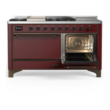 ILVE UM60FSQNR3BUBLP Majestic III 60 inch Dual Fuel Range with 7 Burners, Griddle and French Top, Dual Function Burner with up to 25,000 BTU (Liquid Propane, Solid Door, Burgundy, Burnished)
