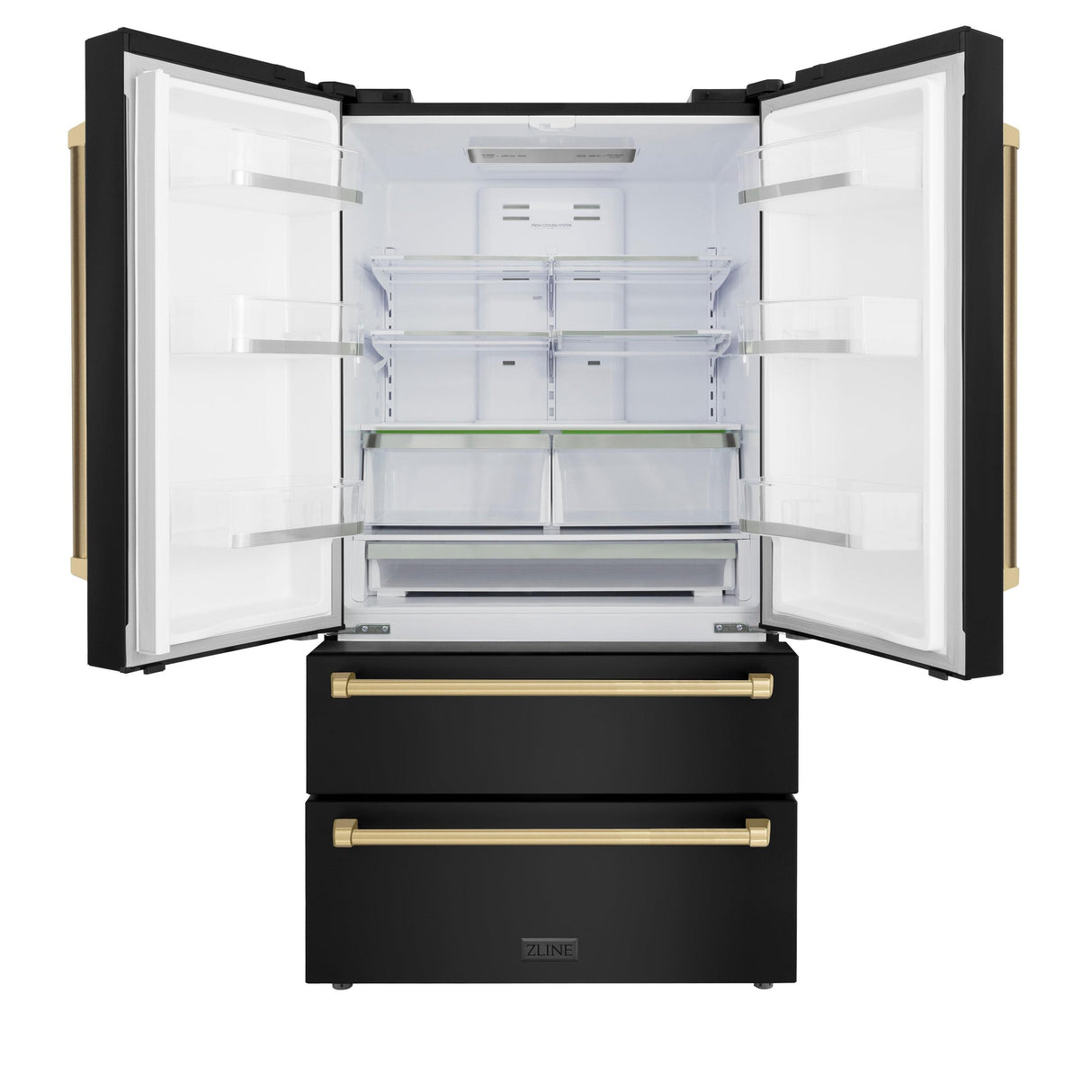 ZLINE 36" Autograph Edition 22.5 cu. ft Freestanding French Door Refrigerator with Ice Maker in Fingerprint Resistant Black Stainless Steel with Accents (RFMZ-36-BS) [Color: Champagne Bronze Accents]