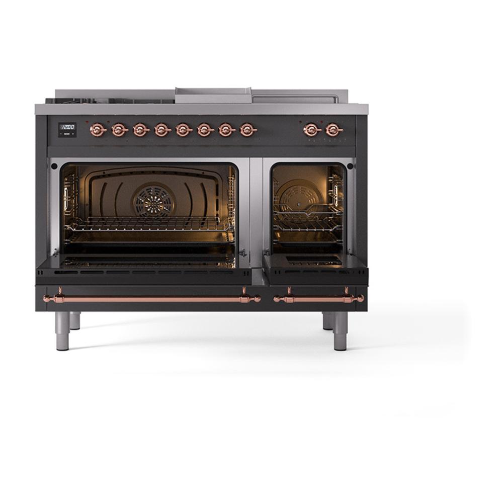 ILVE UN48FSQNMPMGP Nostalgie II Noblesse 48 inch Dual Fuel Range (5 Sealed Burners + Griddle + French Top, Natural Gas, Solid Door, Graphite Matte, Copper)