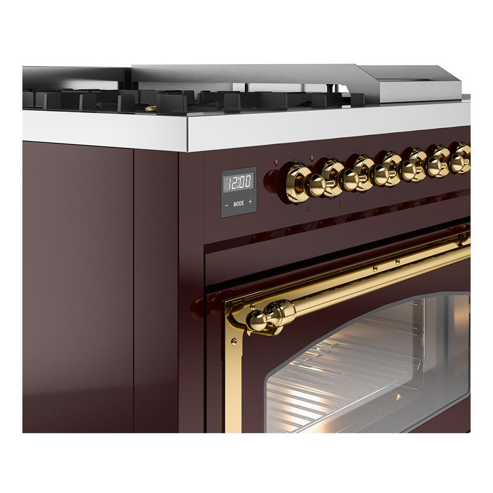 ILVE UN48FSNMPBUG Nostalgie II Noblesse 48 inch Dual Fuel Range (5 Sealed Burners + Griddle + French Top, Natural Gas, Triple Glass Door, Burgundy, Brass)