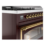 ILVE UN48FSNMPBUG Nostalgie II Noblesse 48 inch Dual Fuel Range (5 Sealed Burners + Griddle + French Top, Natural Gas, Triple Glass Door, Burgundy, Brass)