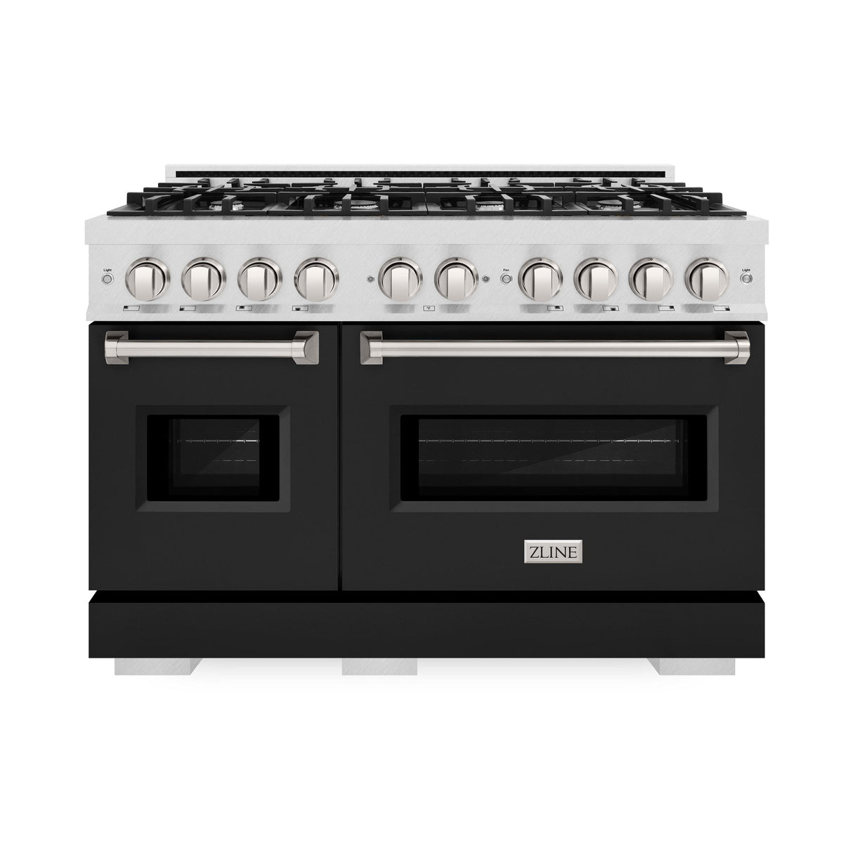 ZLINE 48 in. 6.7 cu. ft. Classic Double Oven Dual Fuel Range with 8 Burner Gas Cooktop in DuraSnow' Stainless Steel with Black Matte Doors (CDRS-BLM-48)