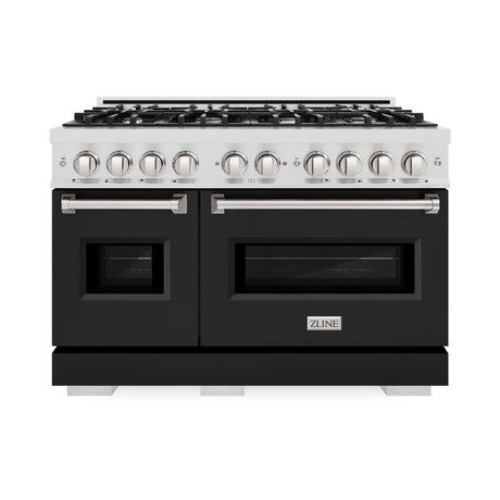ZLINE 48 in. 6.7 cu. ft. Classic Double Oven Dual Fuel Range with 8 Burner Gas Cooktop in DuraSnow' Stainless Steel with Black Matte Doors (CDRS-BLM-48)