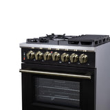 Forno Massimo 30 Inch Freestanding Dual Fuel Range in Black with Antique Brass Accessories, 4 Burners, 4.32 cu. ft. Convection Oven
