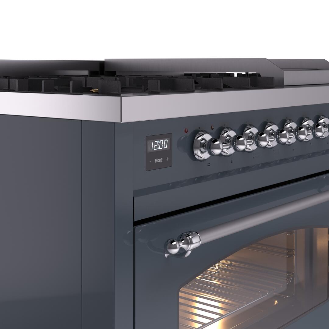 Nostalgie II 48 Inch Dual Fuel Natural Gas Freestanding Range in Blue Grey with Chrome Trim