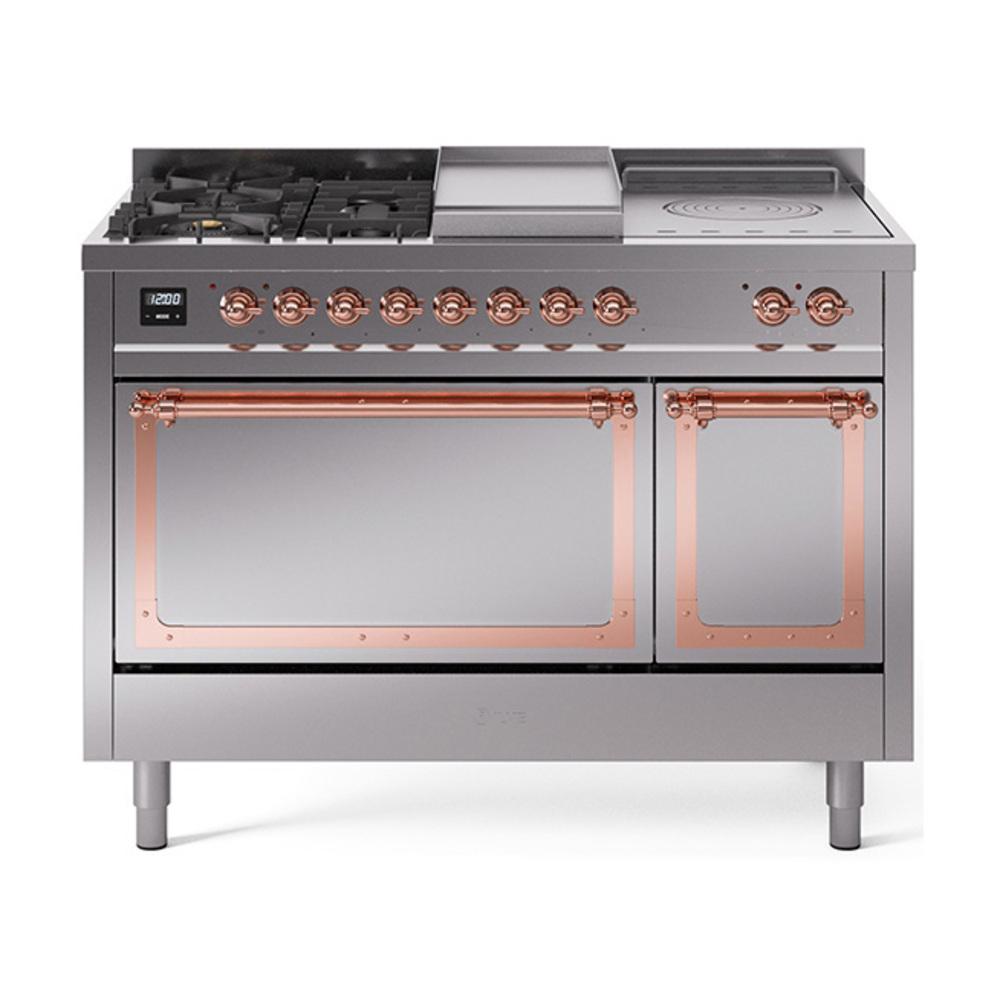 ILVE UN48FSQNMPSSPLP Nostalgie II Noblesse 48 inch Dual Fuel Range (5 Sealed Burners + Griddle + French Top, Liquid Propane, Solid Door, Stainless Steel, Copper)