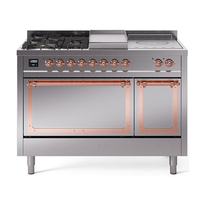 ILVE UN48FSQNMPSSPLP Nostalgie II Noblesse 48 inch Dual Fuel Range (5 Sealed Burners + Griddle + French Top, Liquid Propane, Solid Door, Stainless Steel, Copper)