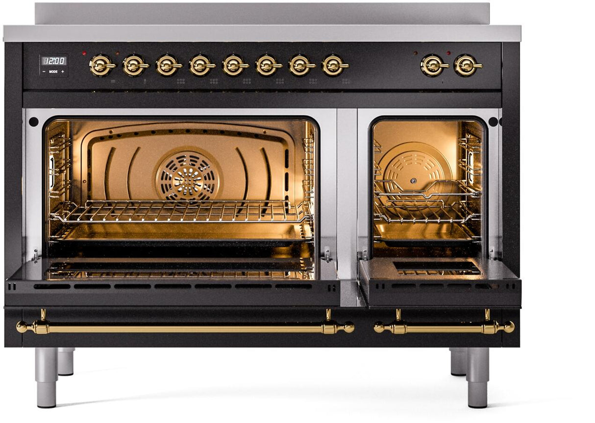 Nostalgie II 48 Inch Electric Freestanding Range in Glossy Black with Brass Trim