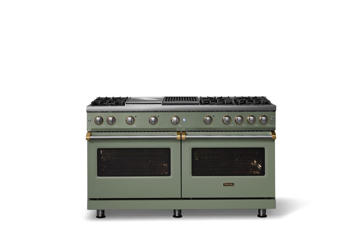 60"W. Sealed Burner Gas Range (Finish: Eucalyptus, Trim: Brushed Brass, Fuel: Natural Gas)