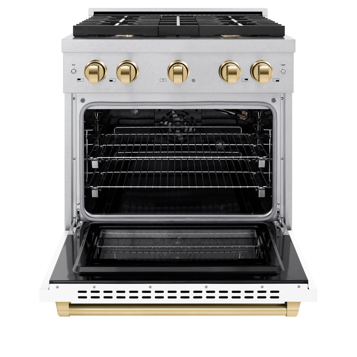 ZLINE Autograph Edition 30 in. 4.2 cu. ft. 4 Burner Gas Range with Convection Gas Oven in DuraSnow' Stainless Steel with White Matte Door and Polished Gold Accents (SGRSZ-WM-30-G)