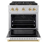 ZLINE Autograph Edition 30 in. 4.2 cu. ft. 4 Burner Gas Range with Convection Gas Oven in DuraSnow' Stainless Steel with White Matte Door and Polished Gold Accents (SGRSZ-WM-30-G)