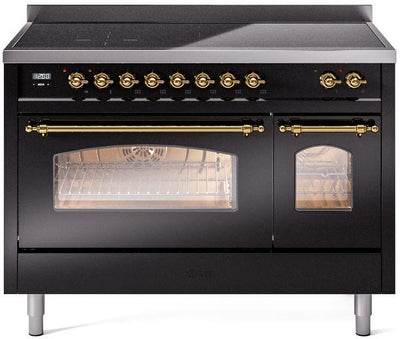 Nostalgie II 48 Inch Electric Freestanding Range in Glossy Black with Brass Trim