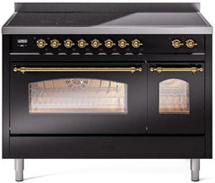 Nostalgie II 48 Inch Electric Freestanding Range in Glossy Black with Brass Trim