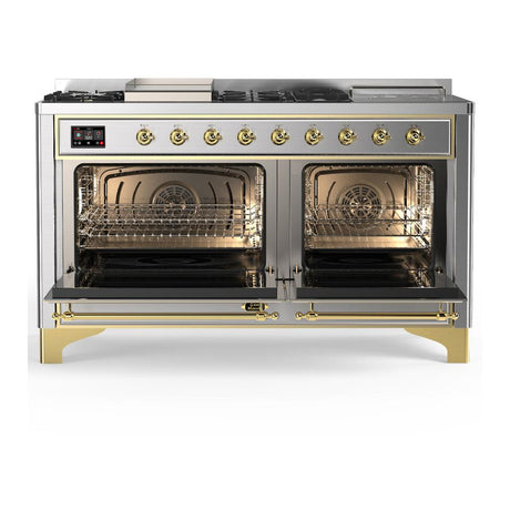 ILVE UM60FSNR3SSG Majestic III 60 inch Dual Fuel Range with 7 Burners, Griddle and French Top, Dual Function Burner with up to 25,000 BTU (Natural Gas, Triple Glass Door, Stainless Steel, Brass)