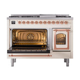 ILVE UN48FNMPAWPLP Nostalgie II Noblesse 48 inch Dual Fuel Range (8 Sealed Burners + Griddle, Liquid Propane, Triple Glass Door, Antique White, Copper)