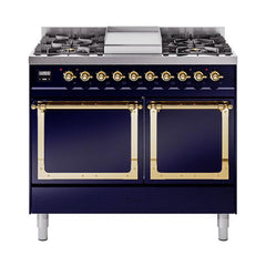 ILVE UND40FQNMPMBG Nostalgie II Noblesse 40 inch Dual Fuel Range (Natural Gas, Solid Door, Midnight Blue, Brass)