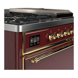 ILVE UM48FSQNR3BUGLP Majestic III 48 inch Dual Fuel Range with 5 Black Brass Burners, Griddle and French Top, Dual Function Burner up to 25,000 BTU (Liquid Propane, Solid Door, Burgundy, Brass)