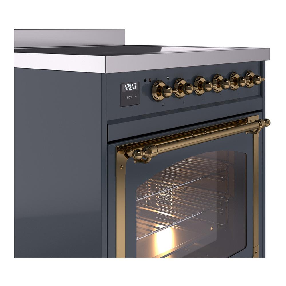 ILVE UNI304NMPBGG Nostalgie II Noblesse 30 inch Induction Range (Triple Glass Door, Blue Grey, Brass)