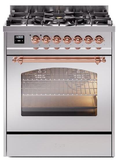 Nostalgie II 30 Inch Dual Fuel Natural Gas Freestanding Range in Stainless Steel with Copper Trim