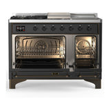 ILVE UM48FSQNR3MGBLP Majestic III 48 inch Dual Fuel Range with 5 Black Brass Burners, Griddle and French Top, Dual Function Burner up to 25,000 BTU (Liquid Propane, Solid Door, Graphite Matte, Burnished)