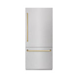 ZLINE Autograph Edition 36 in. 19.8 cu. ft. Built-In Bottom Freezer Refrigerator with Water Dispenser and Ice Maker in DuraSnow' Stainless Steel and Polished Gold Accents (RBITZ-SN-36-G)