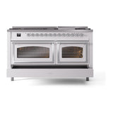 ILVE UN60FNMPWHC Nostalgie II Noblesse 60 inch Dual Fuel Range (9 Sealed Burners + Griddle, Natural Gas, Triple Glass Door, White, Chrome)