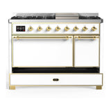 ILVE UM48FQNR3WHG Majestic III 48 inch Dual Fuel Range with 8 Burners and Griddle, Dual Function Burner up to 25,000 BTU (Natural Gas, Solid Door, White, Brass)