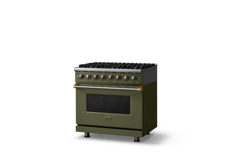 36"W. Dual Fuel Range (Burner: 6b, Finish: Martini, Trim: Brushed Brass, Fuel: Propane)