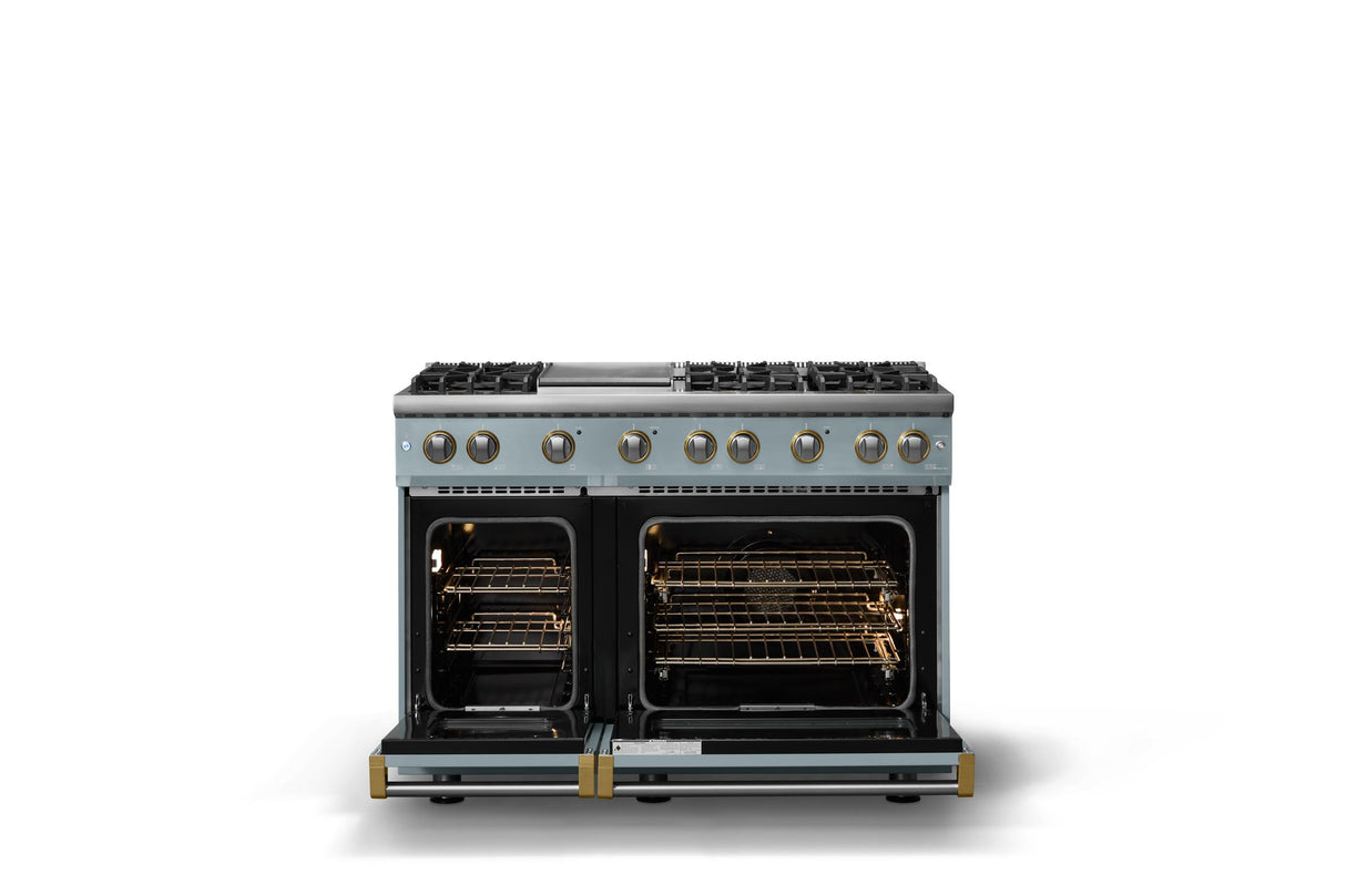 48"W. Sealed Burner Gas Range (Burner: 6g, Finish: November Sky, Trim: Brushed Brass, Fuel: Natural Gas)