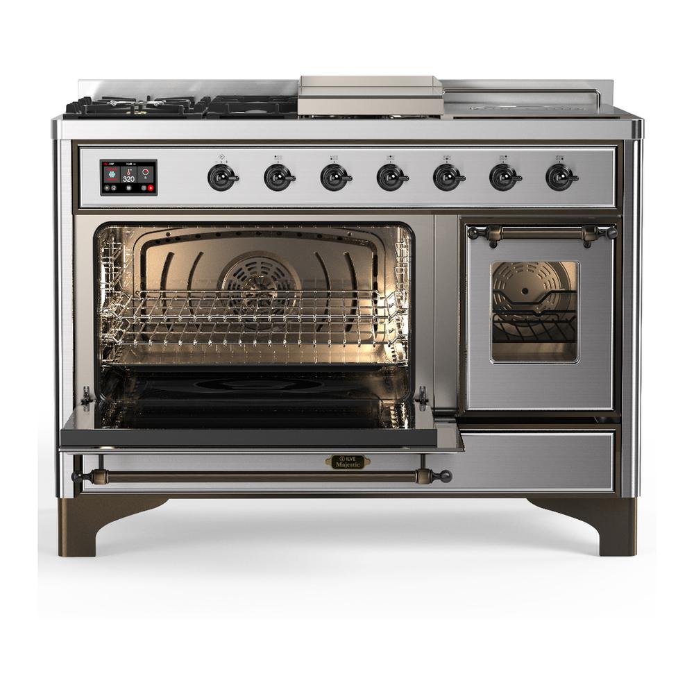 ILVE UM48FSNR3SSBLP Majestic III 48 inch Dual Fuel Range with 5 Black Brass Burners, Griddle and French Top, Dual Function Burner up to 25,000 BTU (Liquid Propane, Triple Glass Door, Stainless Steel, Burnished)