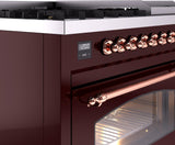 Nostalgie II 48 Inch Dual Fuel Natural Gas Freestanding Range in Burgundy with Copper Trim
