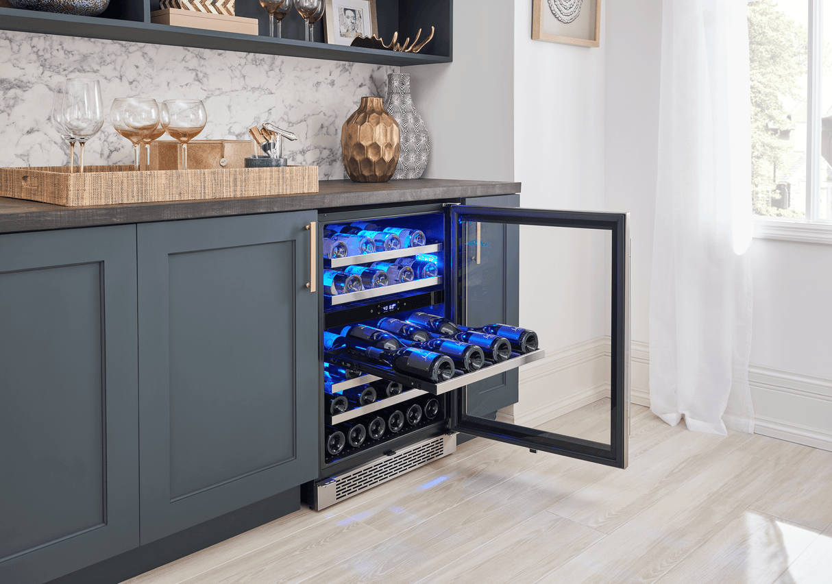 Presrv Wine Cooler, 24in Under Cabinet, SS+Glass, Reverse Door, 2 Zone