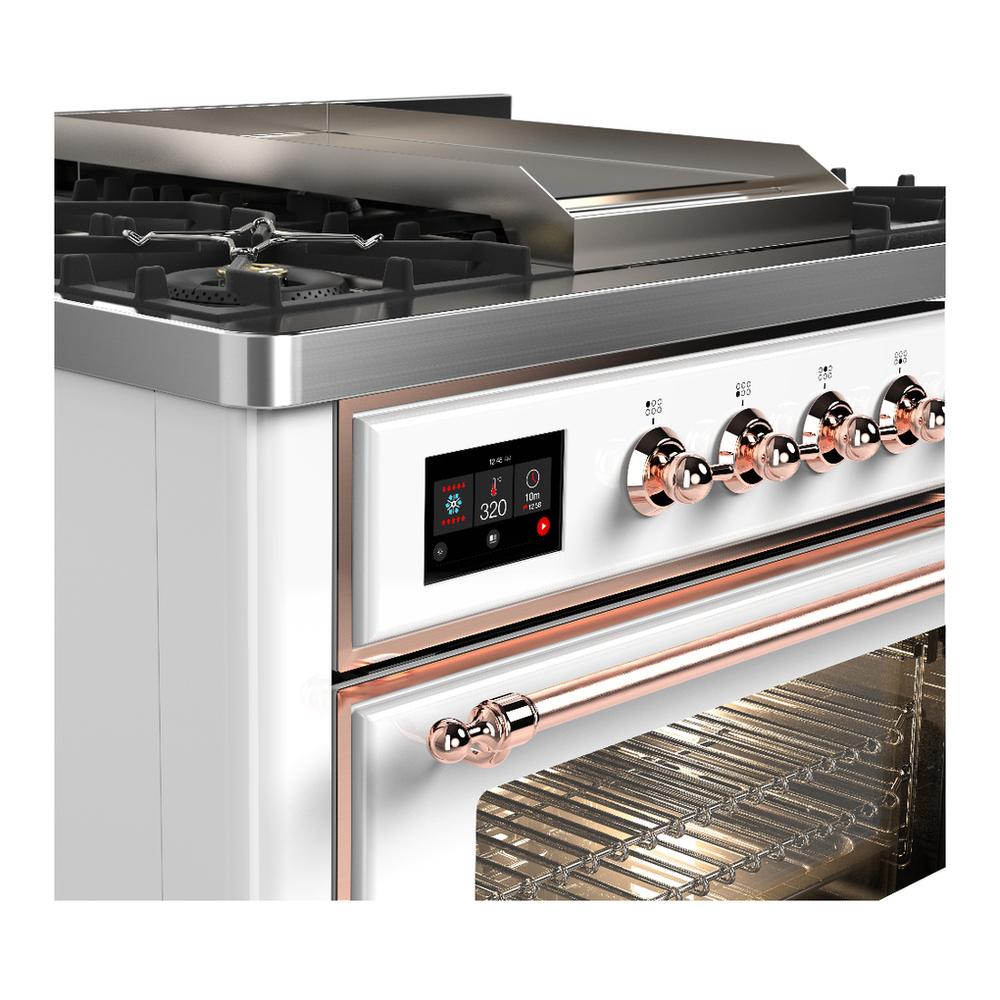 ILVE UM36FNR3WHP Majestic III 36 inch Dual Fuel Range with 6 Black Brass Burners and Griddle, Dual Function Burner up to 25,000 BTU (Triple Glass Door, White, Copper, Natural Gas)