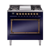ILVE UN36FQNMPMBBLP Nostalgie II Noblesse 36 inch Dual Fuel Range (Liquid Propane, Solid Door, Midnight Blue, Burnished)