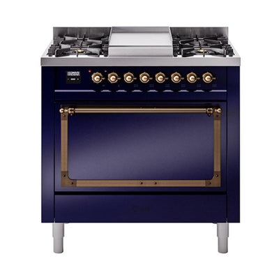 ILVE UN36FQNMPMBBLP Nostalgie II Noblesse 36 inch Dual Fuel Range (Liquid Propane, Solid Door, Midnight Blue, Burnished)