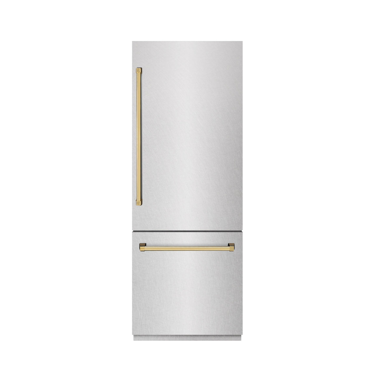 ZLINE Autograph Edition 30 in. 16.1 cu. ft. Built-In Bottom Freezer Refrigerator with Water Dispenser and Ice Maker in DuraSnow' Stainless Steel with Graphite Gray Interior and Polished Gold Accents (GRBIVZ-SN-30-G)