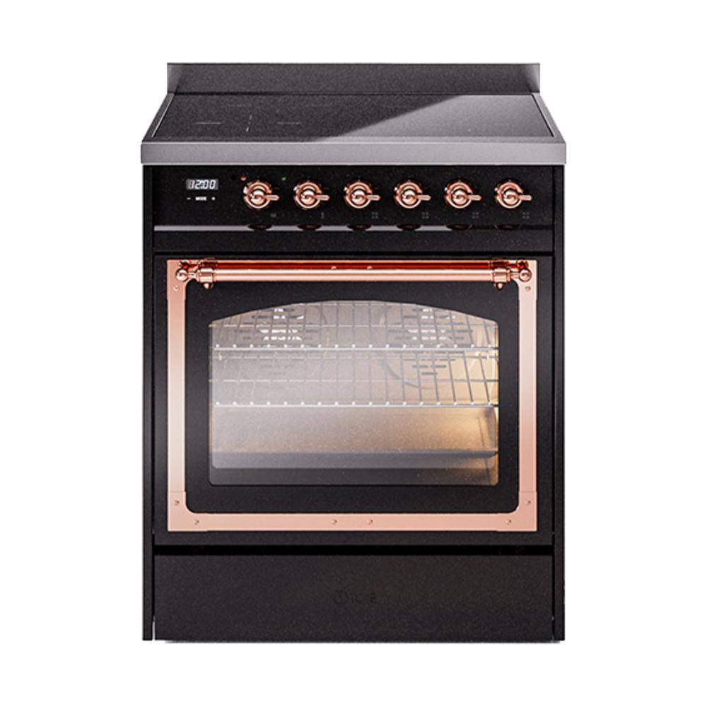 ILVE UNI304NMPBKP Nostalgie II Noblesse 30 inch Induction Range (Triple Glass Door, Glossy Black, Copper)