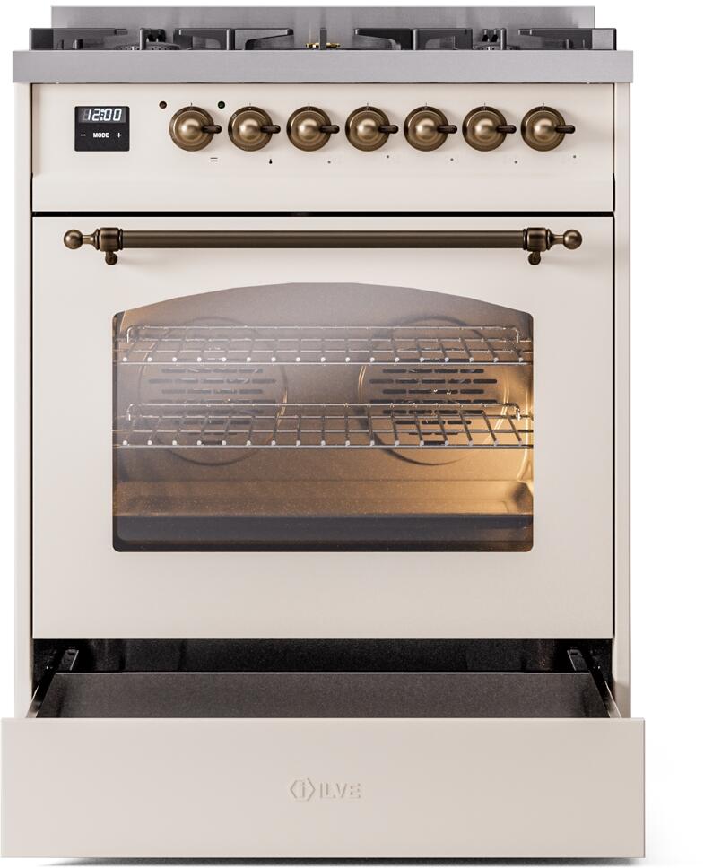Nostalgie II 30 Inch Dual Fuel Natural Gas Freestanding Range in Antique White with Bronze Trim