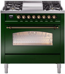 Nostalgie II 36 Inch Dual Fuel Natural Gas Freestanding Range in Emerald Green with Bronze Trim