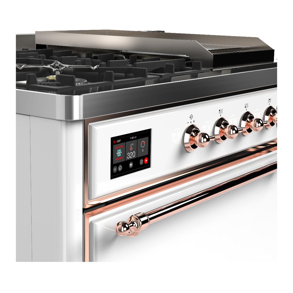 ILVE UM48FSQNR3WHP Majestic III 48 inch Dual Fuel Range with 5 Black Brass Burners, Griddle and French Top, Dual Function Burner up to 25,000 BTU (Natural Gas, Solid Door, White, Copper)