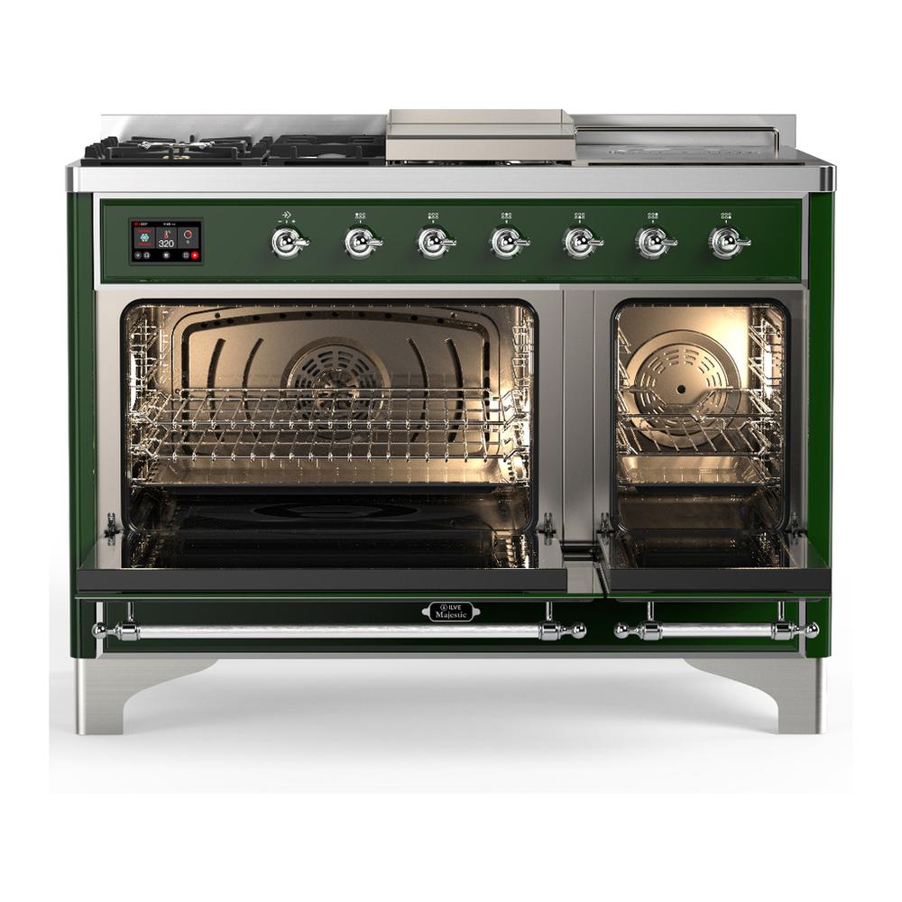 ILVE UM48FSQNR3EGCLP Majestic III 48 inch Dual Fuel Range with 5 Black Brass Burners, Griddle and French Top, Dual Function Burner up to 25,000 BTU (Liquid Propane, Solid Door, Emerald Green, Chrome)