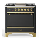 ILVE UM36FQNR3MGGLP Majestic III 36 inch Dual Fuel Range with 6 Black Brass Burners and Griddle, Dual Function Burner up to 25,000 BTU (Solid Door, Graphite Matte, Brass, Liquid Propane)