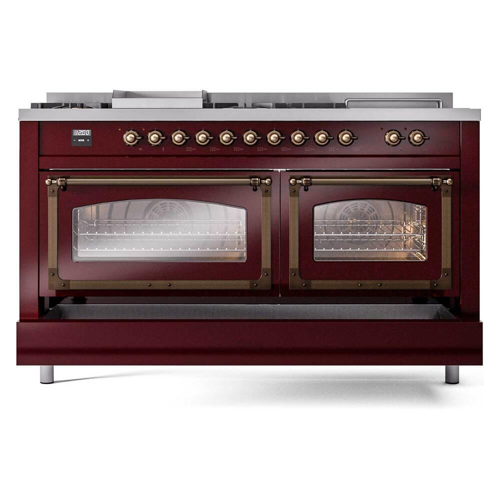 ILVE UN60FSNMPBUBLP Nostalgie II Noblesse 60 inch Dual Fuel Range (7 Sealed Burners + Griddle + French Top, Liquid Propane, Triple Glass Door, Burgundy, Burnished)