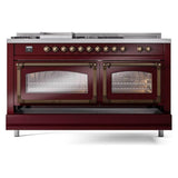 ILVE UN60FSNMPBUBLP Nostalgie II Noblesse 60 inch Dual Fuel Range (7 Sealed Burners + Griddle + French Top, Liquid Propane, Triple Glass Door, Burgundy, Burnished)