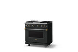 36"W. Sealed Burner Gas Range (Burner: 4g, Finish: Antique Bronze, Trim: Brushed Brass, Fuel: Propane)