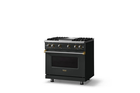 36"W. Sealed Burner Gas Range (Burner: 4g, Finish: Antique Bronze, Trim: Brushed Brass, Fuel: Propane)