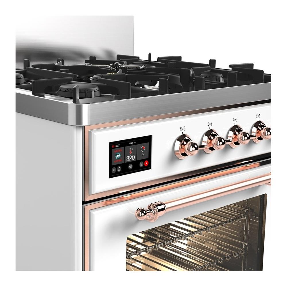 ILVE UM30NR3WHP Majestic III 30 inch Dual Fuel Range with 5 Black Brass Burners, Dual Function Burner up to 25,000 BTU (Natural Gas, Triple Glass Door, White, Copper)